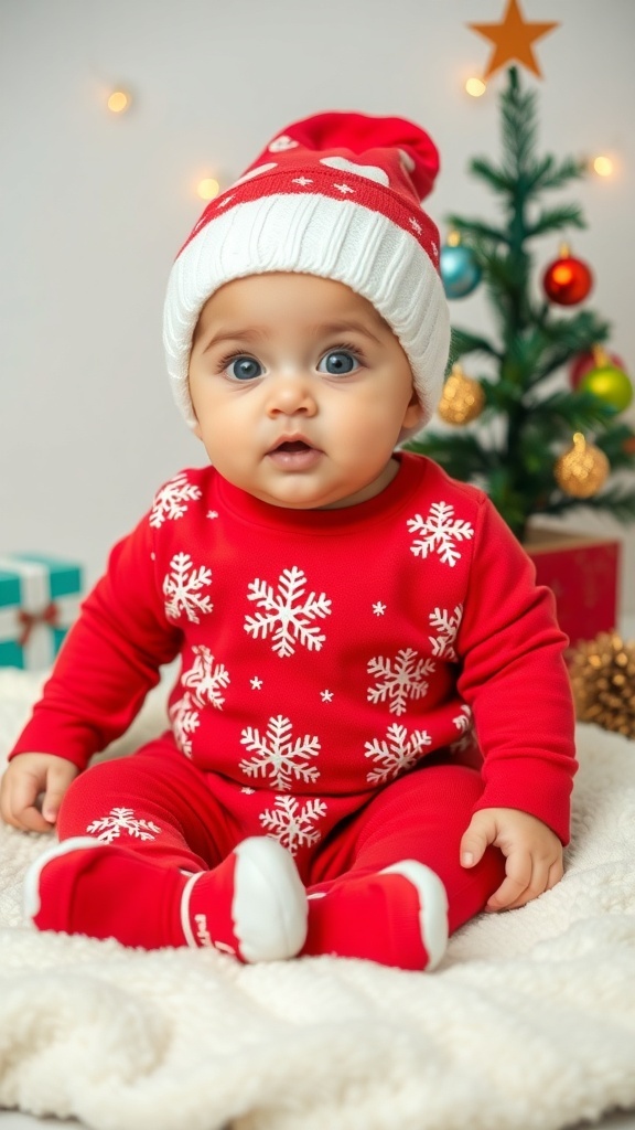 Christmas Outfit for Baby Boys (3-6 Months) Baby boy in a red Christmas onesie with snowflakes, sitting on a blanket with holiday decorations.